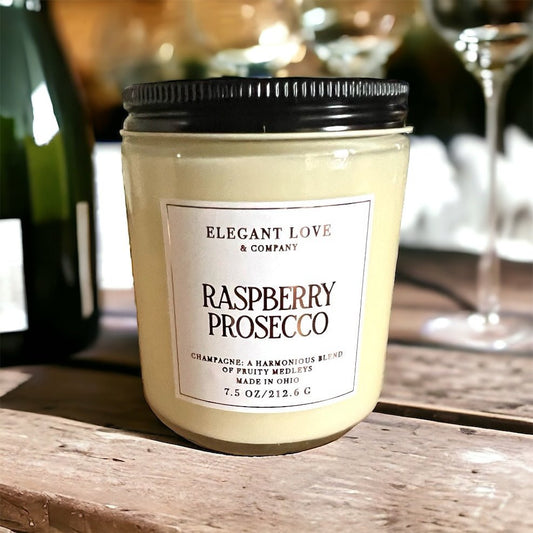 Raspberry Prosecco soy wax candle:  offering a sweet and bubbly fragrance. Hand-poured, eco-friendly, and long-lasting